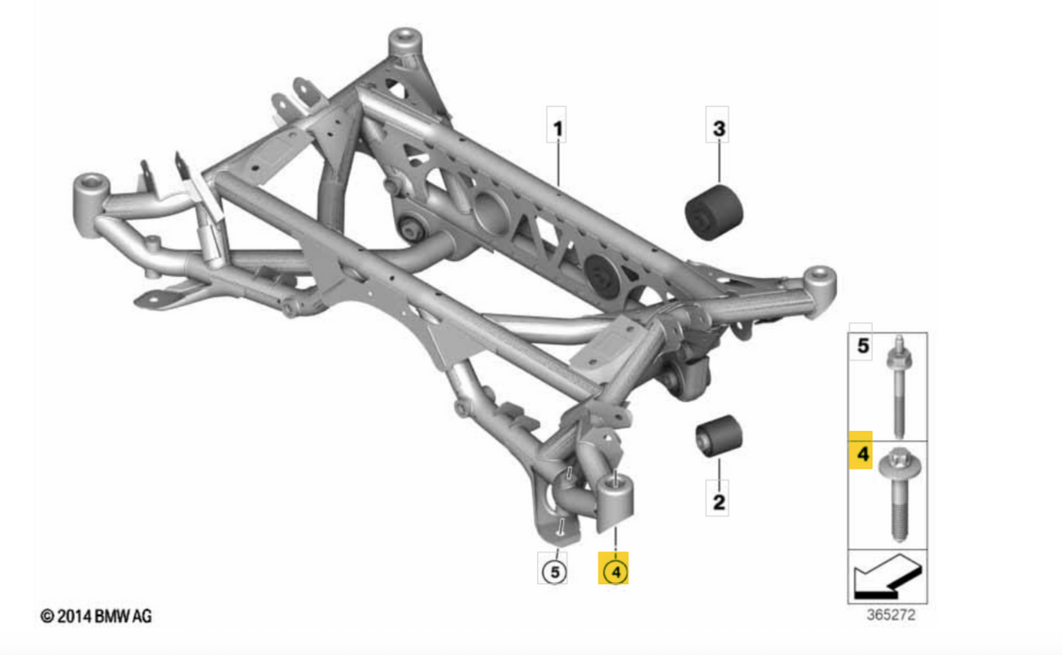 Genuine BMW rear subframe bolts for G8X and F8X M2, M3, M4 models, showing the revised version bolts in the image.