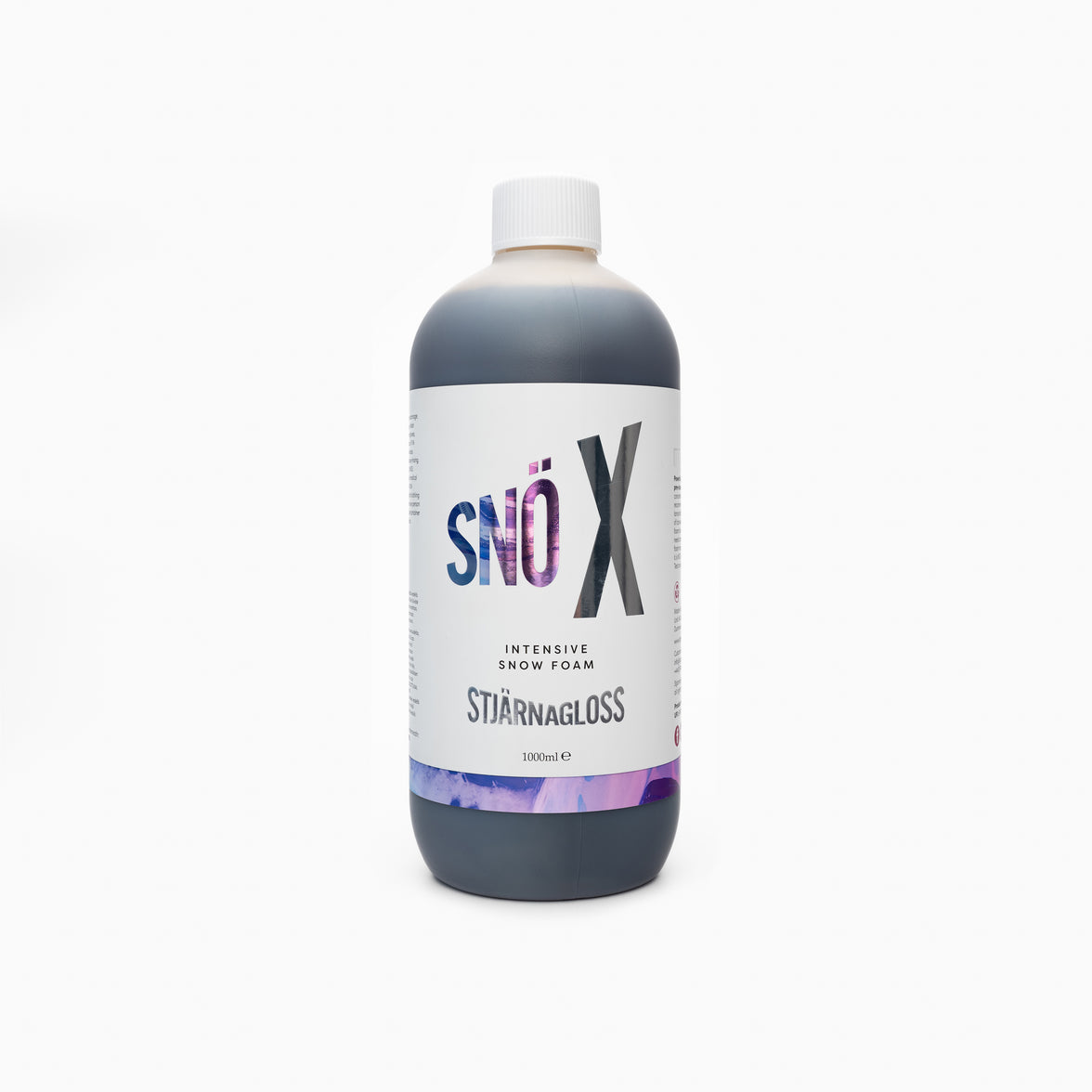 StjarnaGloss Snö X Intensive Snow Foam Pre-Wash bottle, 1L, with foam applicator showing the product ready for car washing.