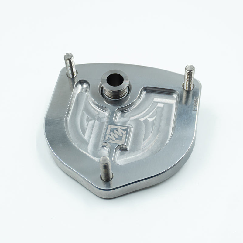 Suspension Secrets camber caster plate top mounts for Porsche 981 and 718 Cayman GT4, shown with mounting hardware and linkage.