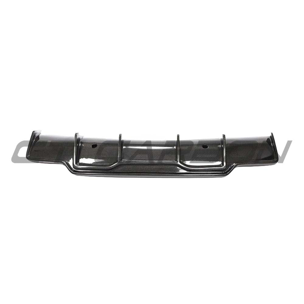 Tesla Model 3 2017-2023 carbon fiber diffuser by CT Carbon, showcasing the sleek, textured carbon fiber surface and aerodynamic design.