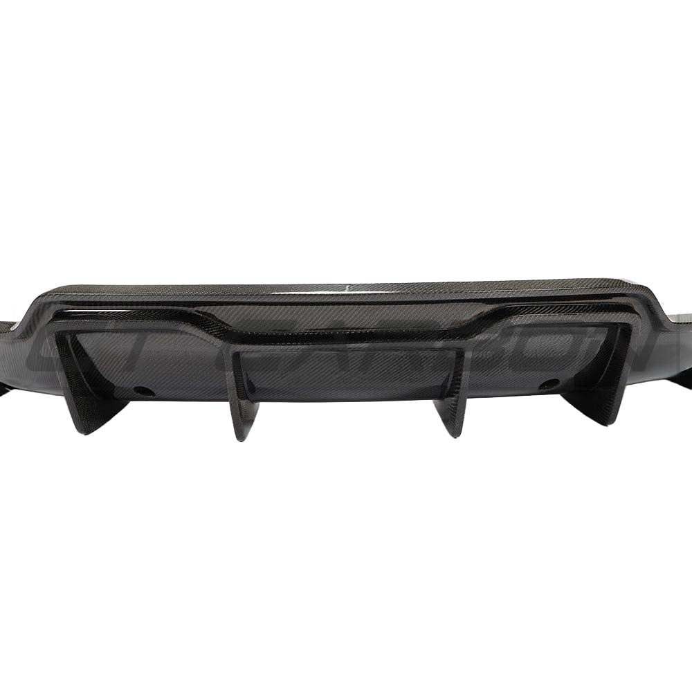 Tesla Model 3 2017-2023 carbon fiber diffuser by CT Carbon, showing the sleek, textured carbon fiber design on the rear diffuser.