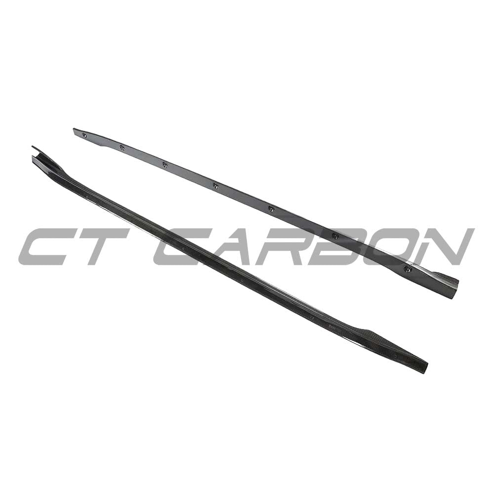 Tesla Model 3 2017-2023 CT Carbon fiber side skirts installed on the vehicle, showcasing sleek, aerodynamic design.