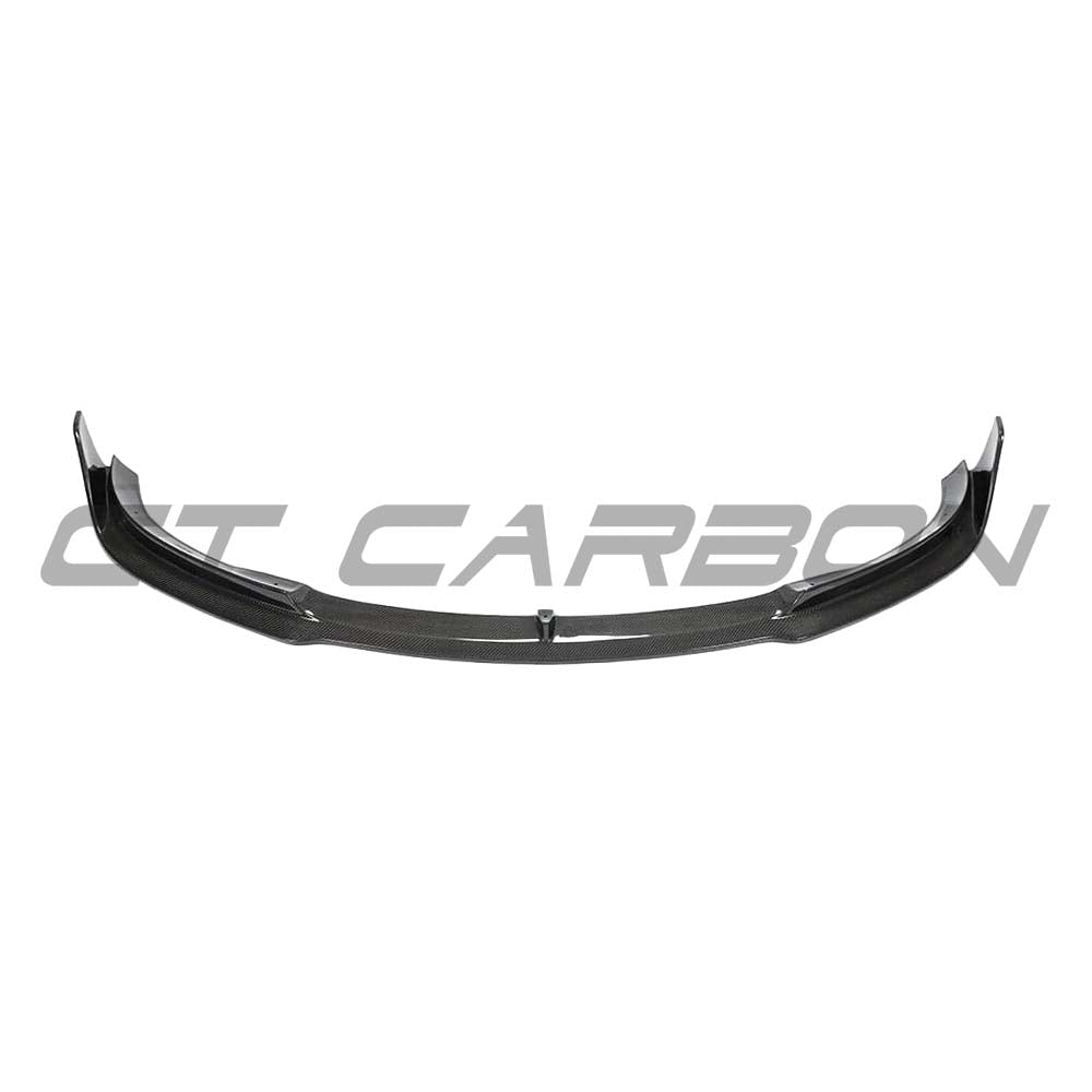 Tesla Model 3 2017-2023 carbon fiber splitter by CT Carbon installed on the front bumper, showcasing a sleek, aerodynamic design.