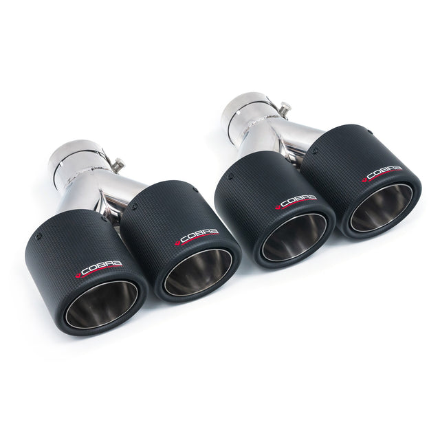 Pair of Cobra Sport 4-inch twin inward rolled carbon fibre exhaust tips, showcasing sleek metallic finish and detailed craftsmanship.