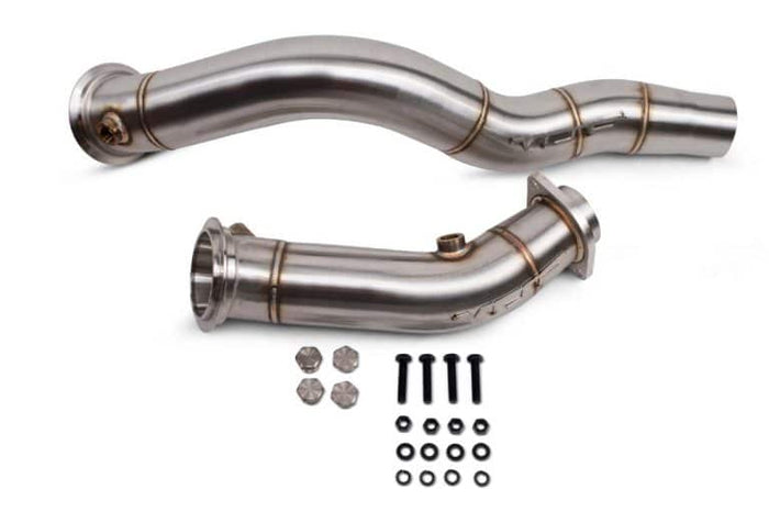 VRSF 3-inch decat downpipe for BMW S55 F87 M2 Competition, F80 M3, and F82 M4 showing polished stainless steel pipe with VRSF branding