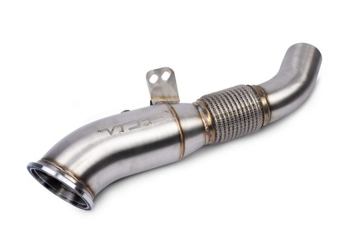 VRSF 4.5-inch decat downpipe for BMW B58 F20 M140i, F22 M240i, F30 340i, F32 440i, showing the polished metal pipe
