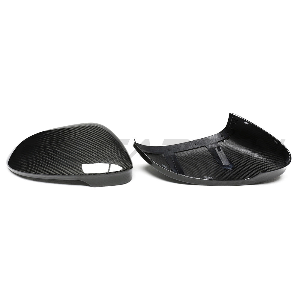 VW Golf MK8 carbon fiber side mirrors by CT Carbon, sleek design without lane assist, showing the mirror surfaces and mounting points.