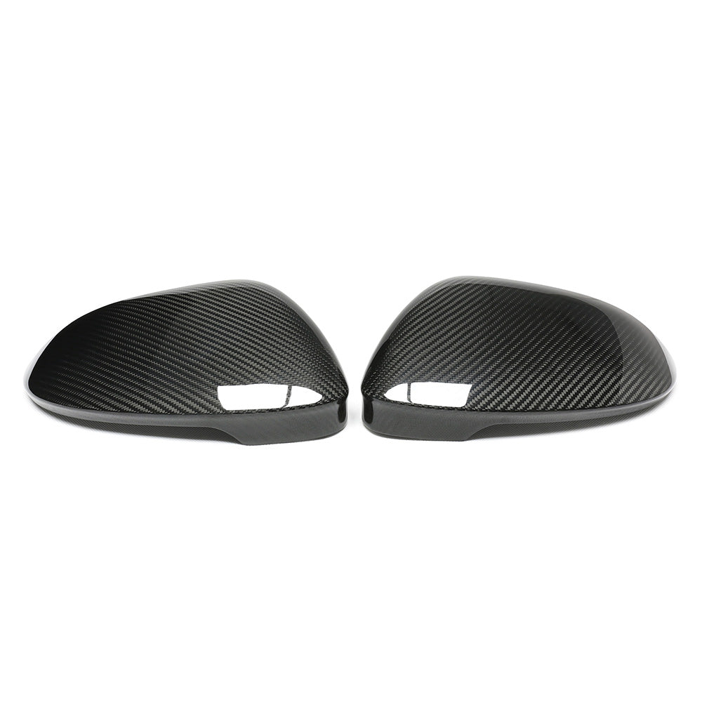 VW Golf MK8 carbon fibre side mirrors by CT Carbon, sleek design without lane assist, showcasing the mirror surfaces and textured finish.