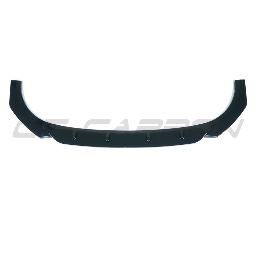 VW Golf MK8 GTI GTD gloss black splitter by CT Carbon, shown mounted on front bumper with sleek aerodynamic design.