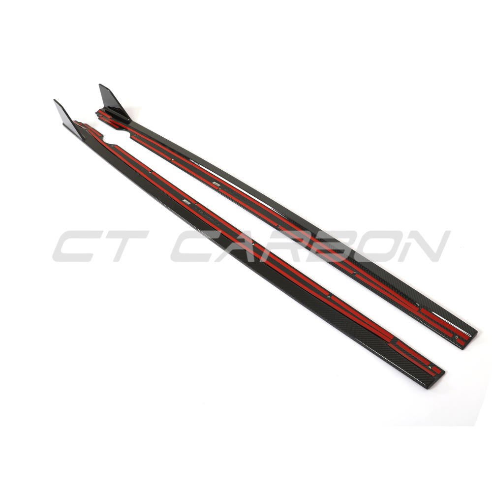 VW MK8 Golf R CT Design carbon fiber side skirts kit, featuring sleek full carbon fiber finish and detailed design.