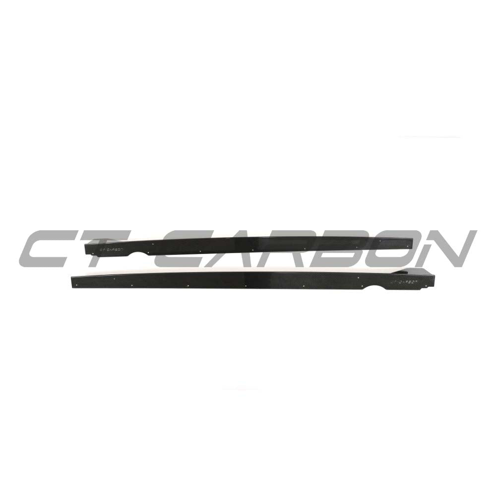 VW MK8 Golf R CT Design carbon fiber side skirts kit, featuring sleek, glossy full carbon fiber exterior for sporty style.