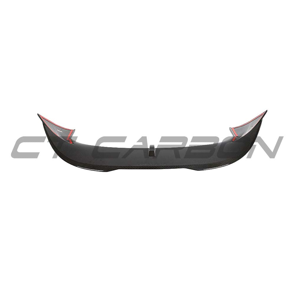 VW Golf MK8/MK8.5 R carbon fiber spoiler by CT Carbon, showing the sleek, aerodynamic design on the car's rear.