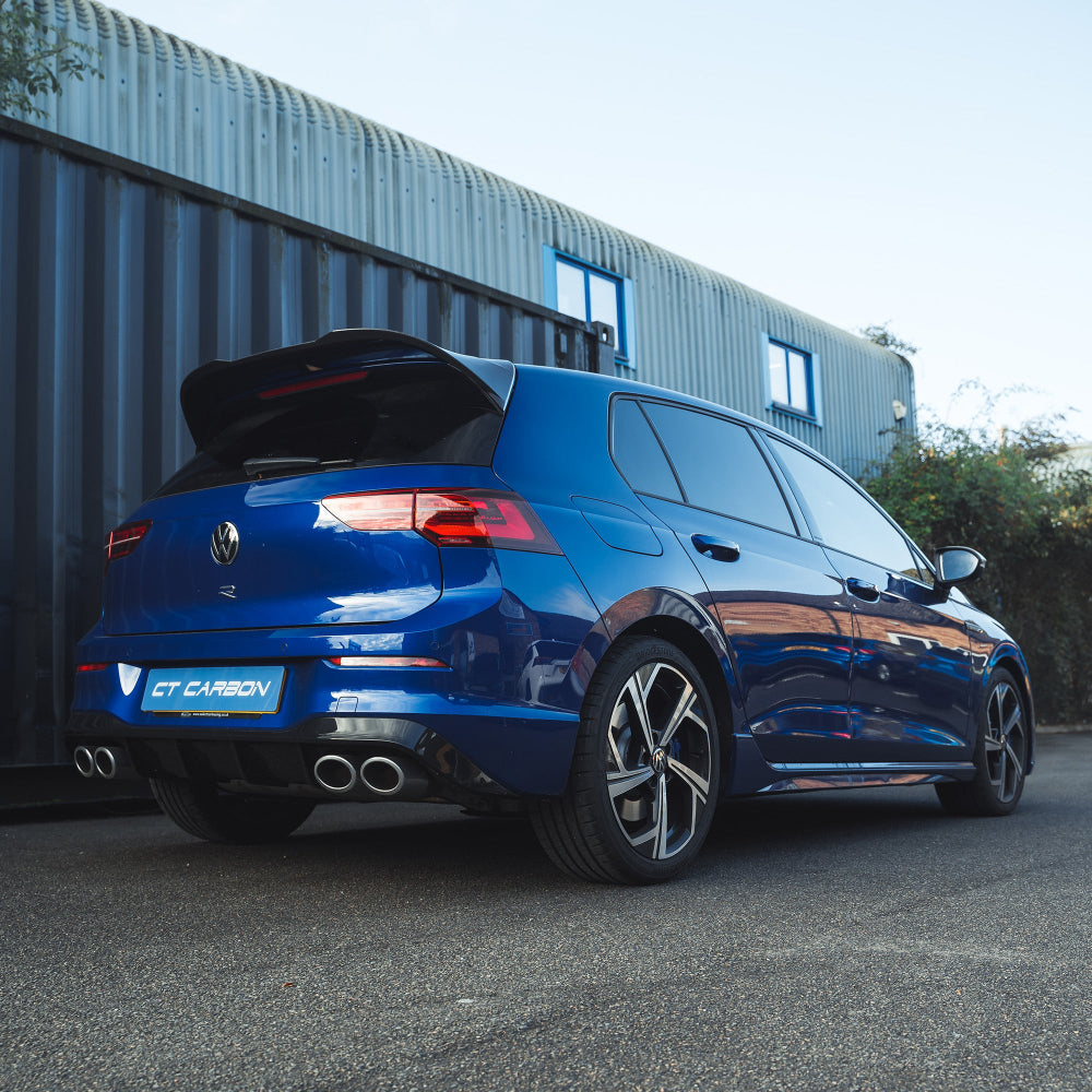 VW Golf MK8/MK8.5 R carbon fibre spoiler by CT Carbon, showcasing sleek, aerodynamic design on a sporty hatchback.