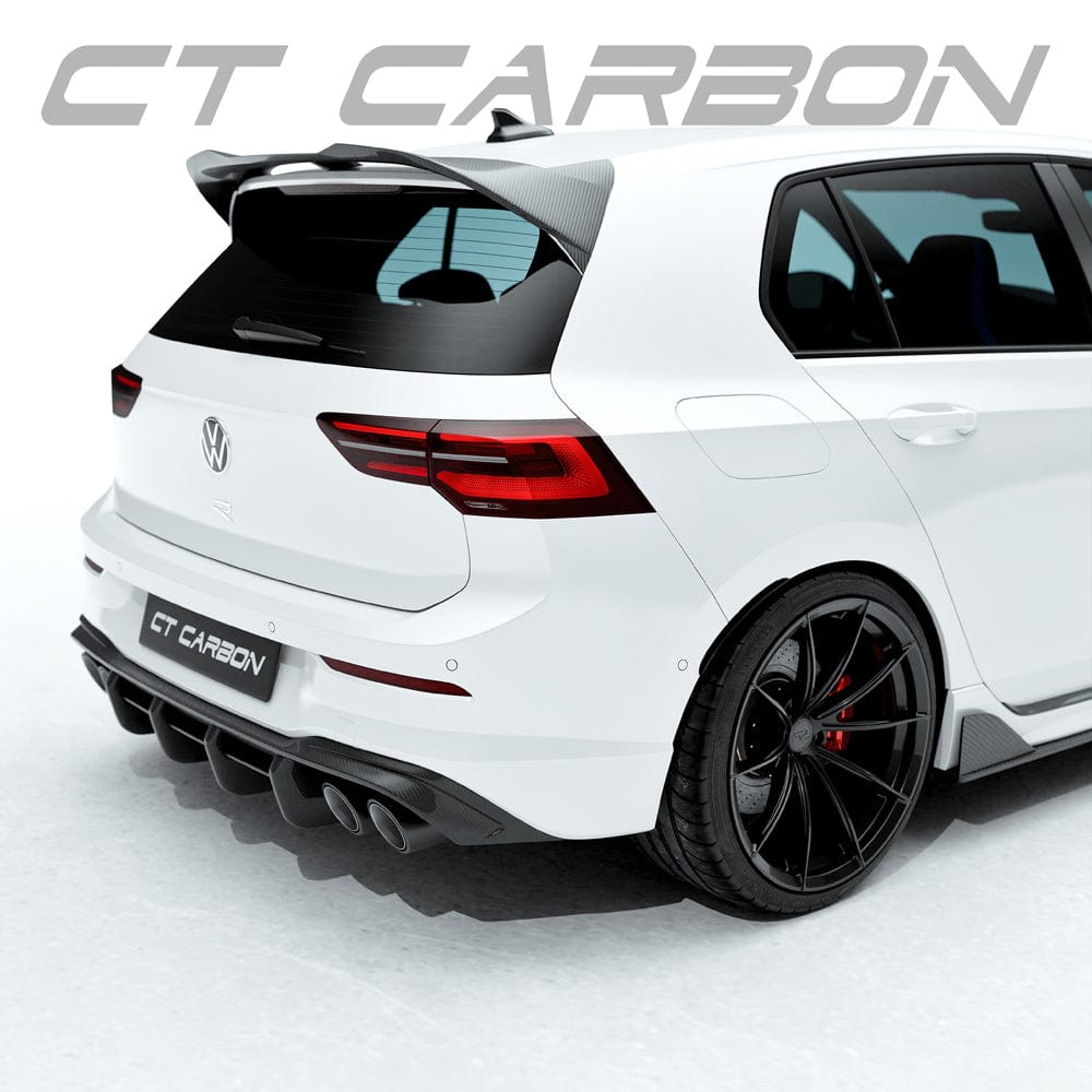 VW Golf MK8/MK8.5 R carbon fibre spoiler by CT Design, showcasing sleek aerodynamic design and glossy carbon fiber finish.