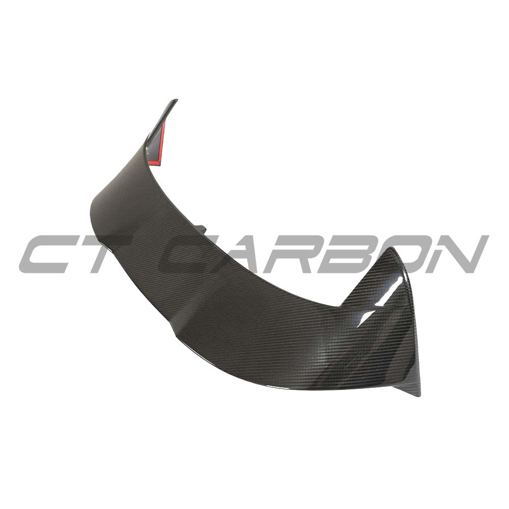 VW Golf MK8/MK8.5 R carbon fibre spoiler by CT Carbon, showcasing sleek aerodynamic design on the car's rear.