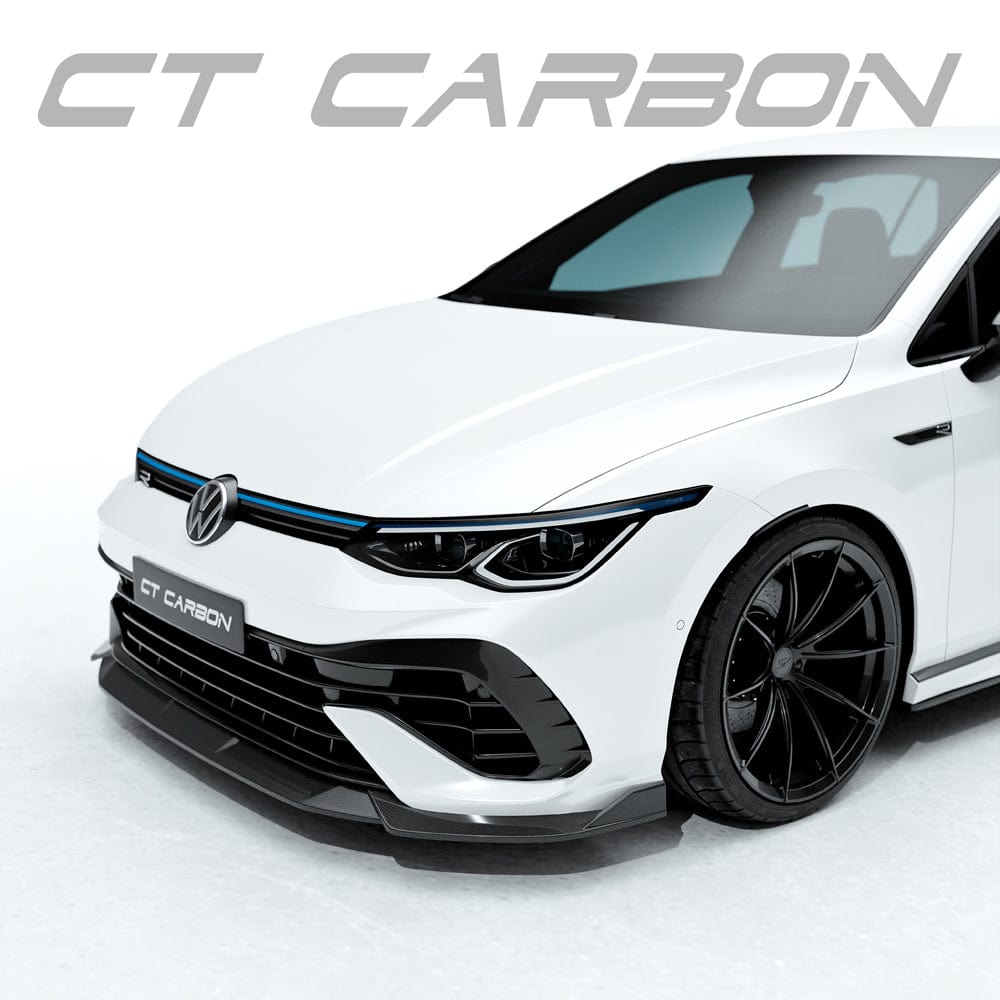 VW Golf MK8 R full carbon fibre kit by CT Carbon, featuring sleek carbon components on a sporty hatchback.