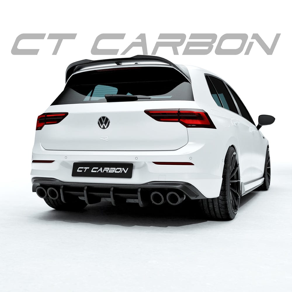 VW Golf MK8 R full carbon fibre kit by CT Design, showcasing lightweight, high-gloss carbon fiber panels on the car.