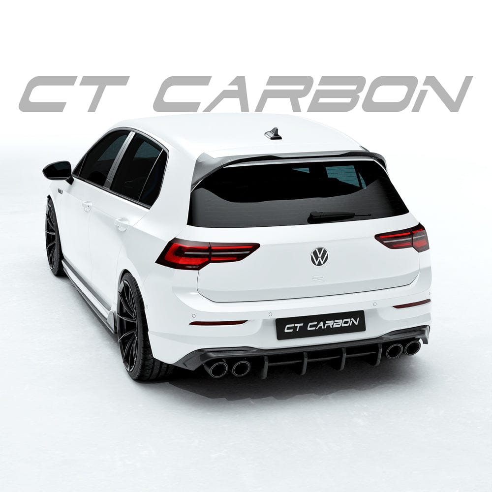 VW Golf MK8 R full carbon fiber kit by CT Design, showcasing carbon fiber panels and aerodynamic details on the car.