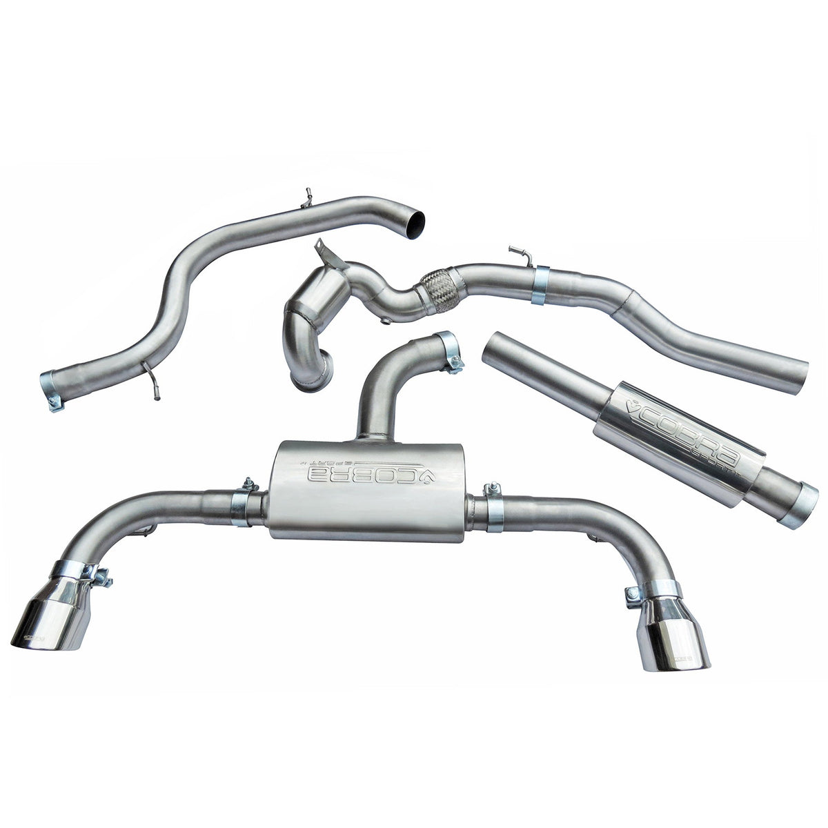 Cobra Sport VW Golf GTI Mk7.5 2.0 TSI turbo back performance exhaust with sports cat, shown from side view.