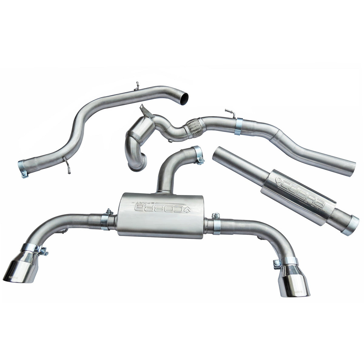 Cobra Sport turbo back performance exhaust for VW Golf GTI Mk7 2.0 TSI, showing the polished metal exhaust system.