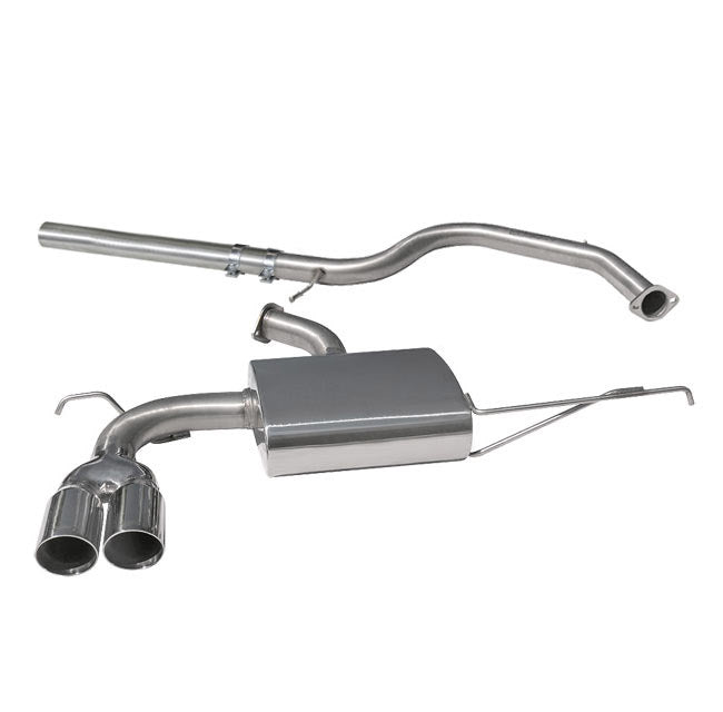 Cobra Sport VW Golf MK5 2.0 TDI cat back performance exhaust system, chrome finish, mounted on car with visible muffler and piping.