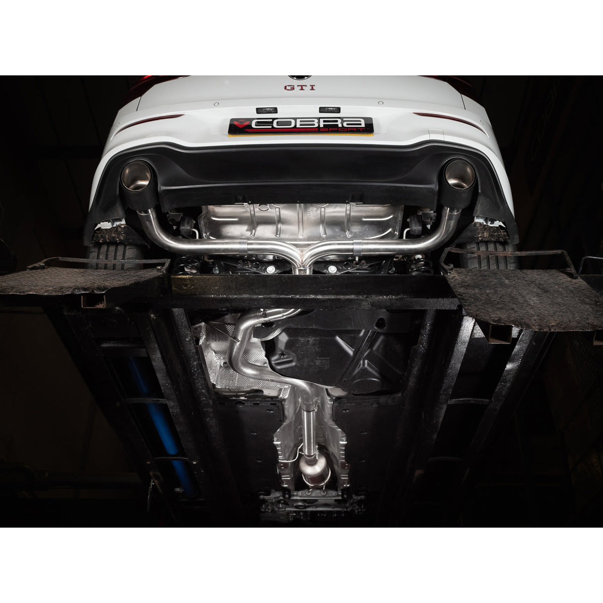 Cobra Sport VW Golf Mk8 GTI 2.0 TSI GPF back exhaust with box delete for improved performance and sound.