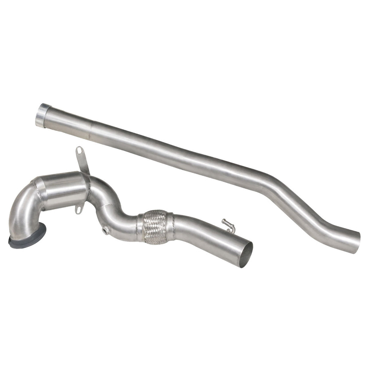 Cobra Sport front downpipe for VW Golf R Mk7 2.0 TSI, showing the polished metal pipe and exhaust flange.