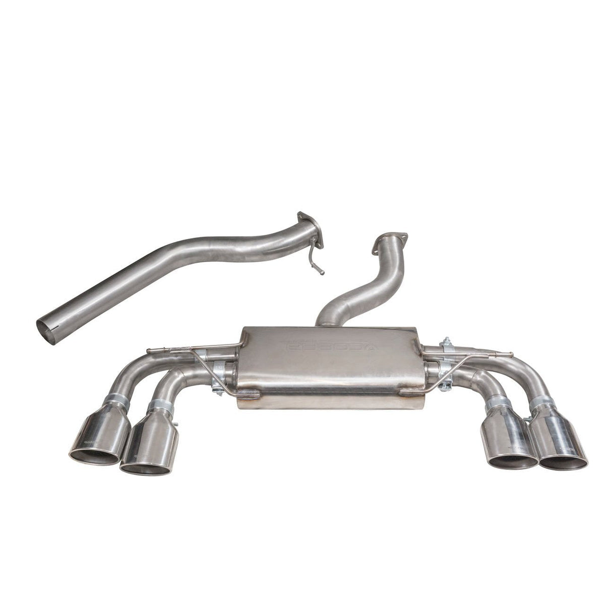Cobra Sport VW Golf R Mk7.5 2.0 TSI cat back performance exhaust system, non-resonated, with polished tips.