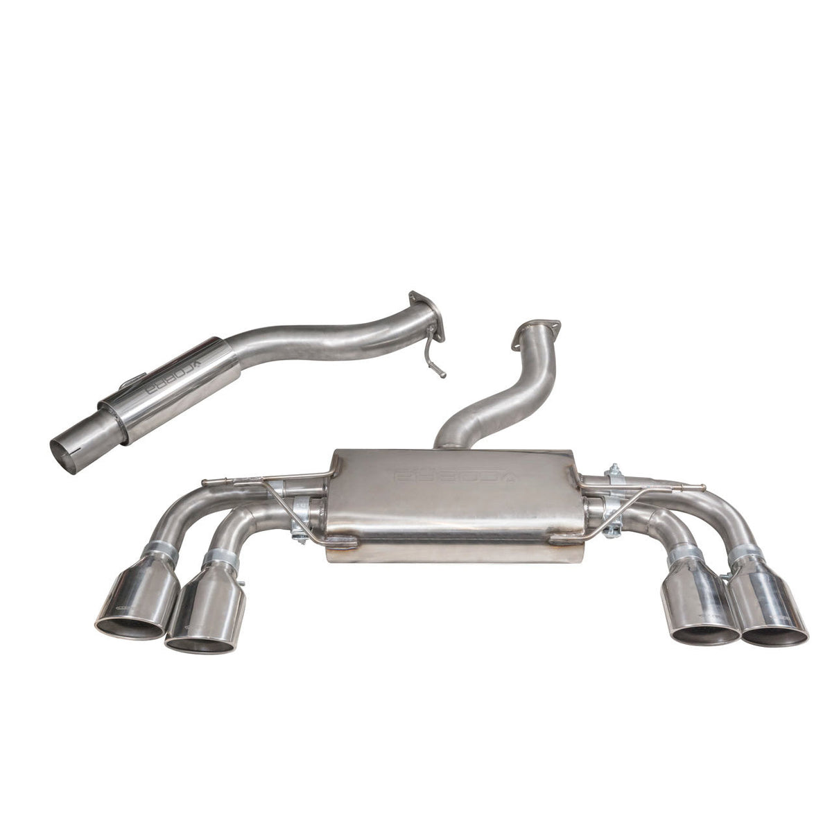 Cobra Sport VW Golf R Mk7 2.0 TSI cat back performance exhaust with resonated muffler, chrome finish, and dual tailpipes.