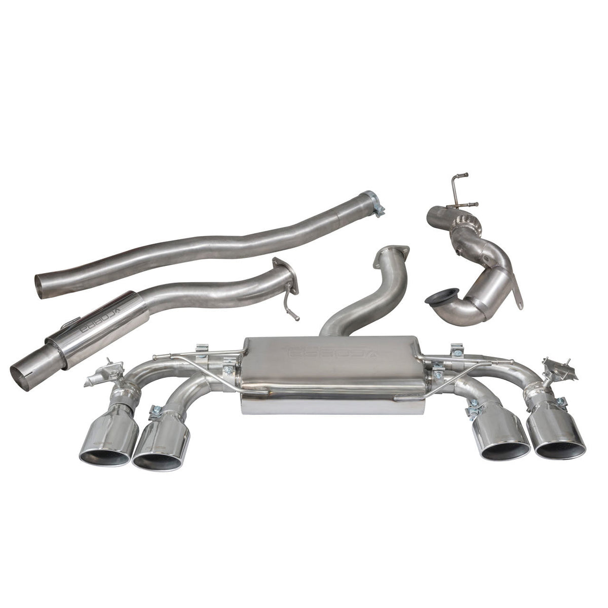 Cobra Sport VW Golf R Mk7 2.0 TSI turbo back performance exhaust with valvetronic system, shown from rear angle.