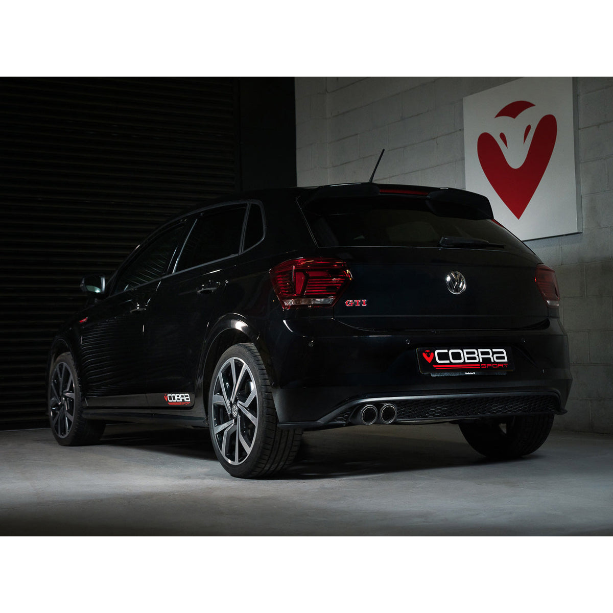 Cobra Sport VW Polo GTI AW Mk6 2.0 TSI Venom turbo back performance exhaust system installed on the car's rear view.