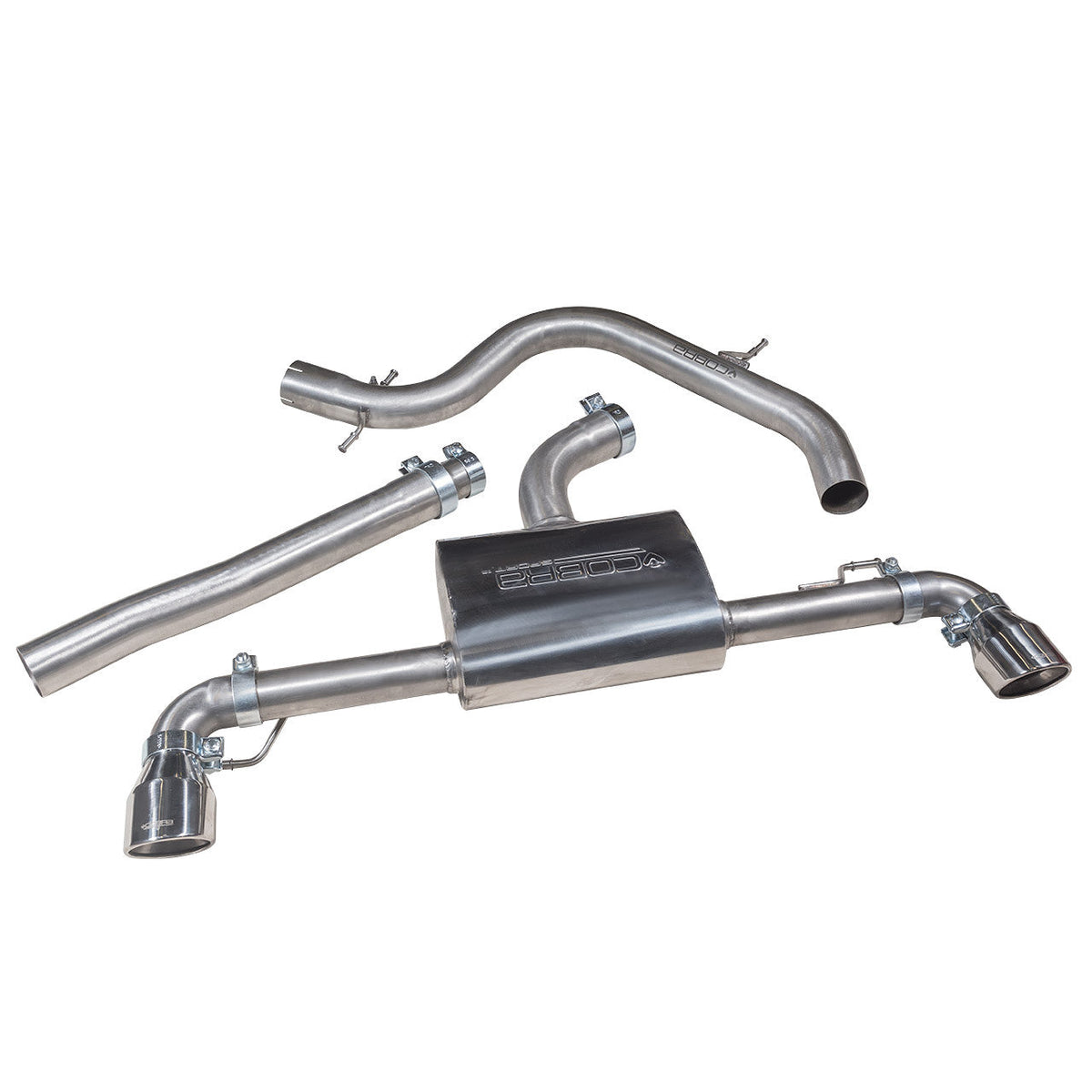 Cobra Sport VW Golf MK6 2.0 TDi GTI style cat back performance exhaust with dual exit tips, fits 2009-2013 models.