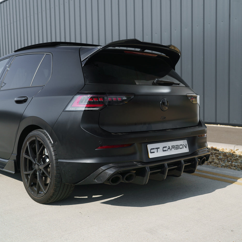 VW Golf MK8/MK8.5 R 2020+ carbon fibre rear diffuser by CT Carbon, satin black finish, designed for sporty aerodynamic enhancement.