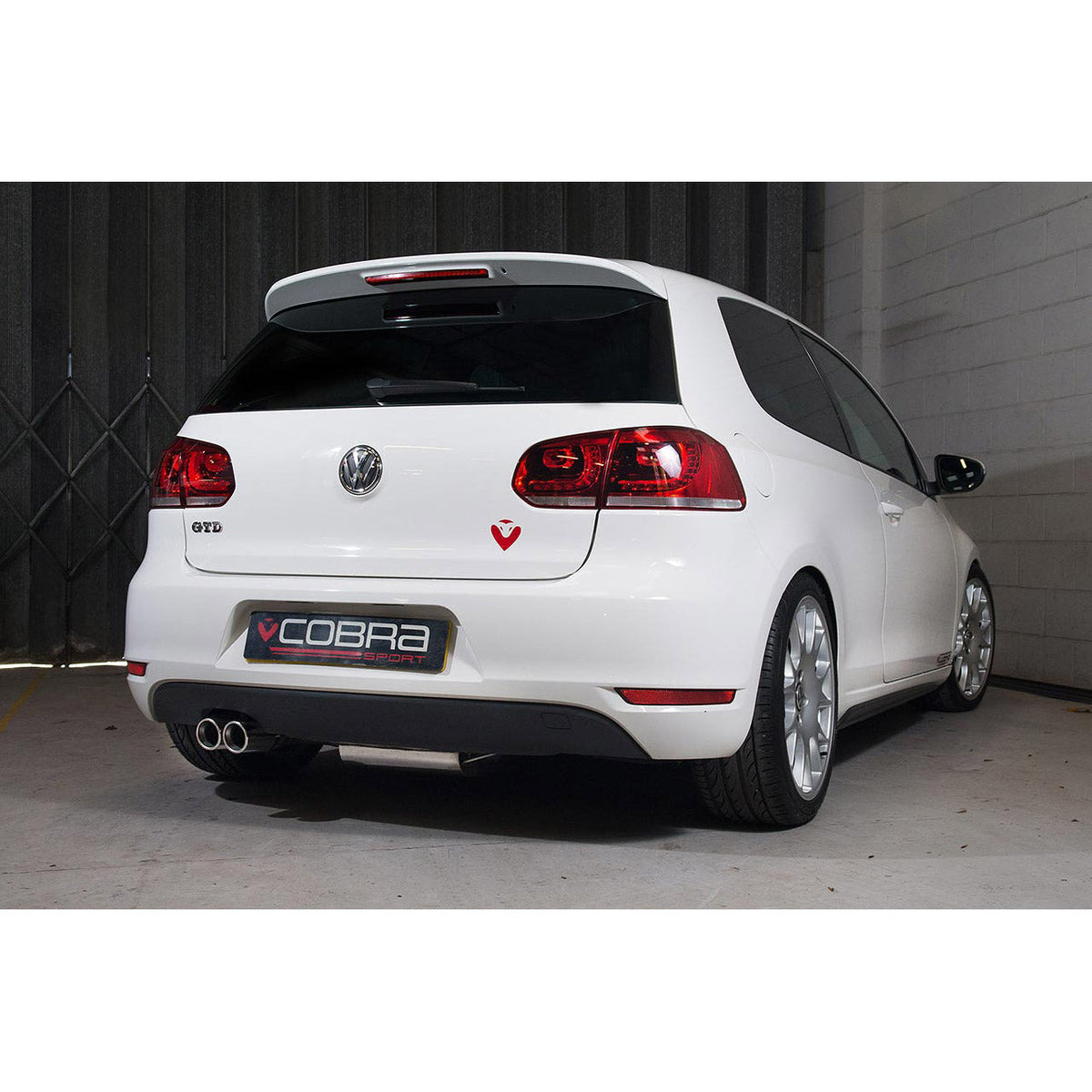 Cobra Sport VW Golf MK6 2.0 TDi cat back performance exhaust, showing the polished exhaust tip and fitted under the vehicle