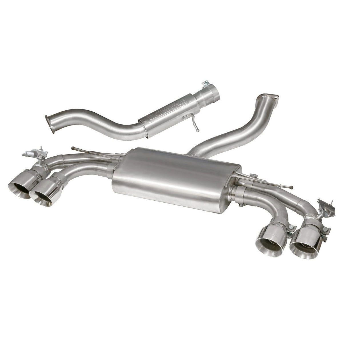 Cobra Sport Audi TTS Mk3 2.0 TFSI cat back performance exhaust with valved resonated mufflers, showcasing polished stainless steel pipes.