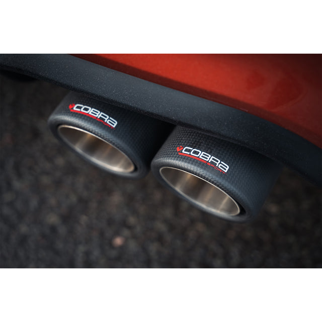 Pair of Cobra Sport 4-inch twin inward rolled carbon fiber exhaust tips for BMW M2 Competition.