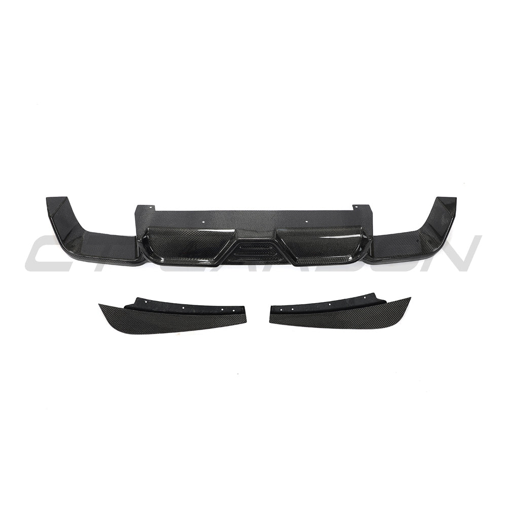 Carbon fiber diffuser for X3M F97 2018-2021, designed by CT Carbon, showcasing sleek black finish and aerodynamic styling.