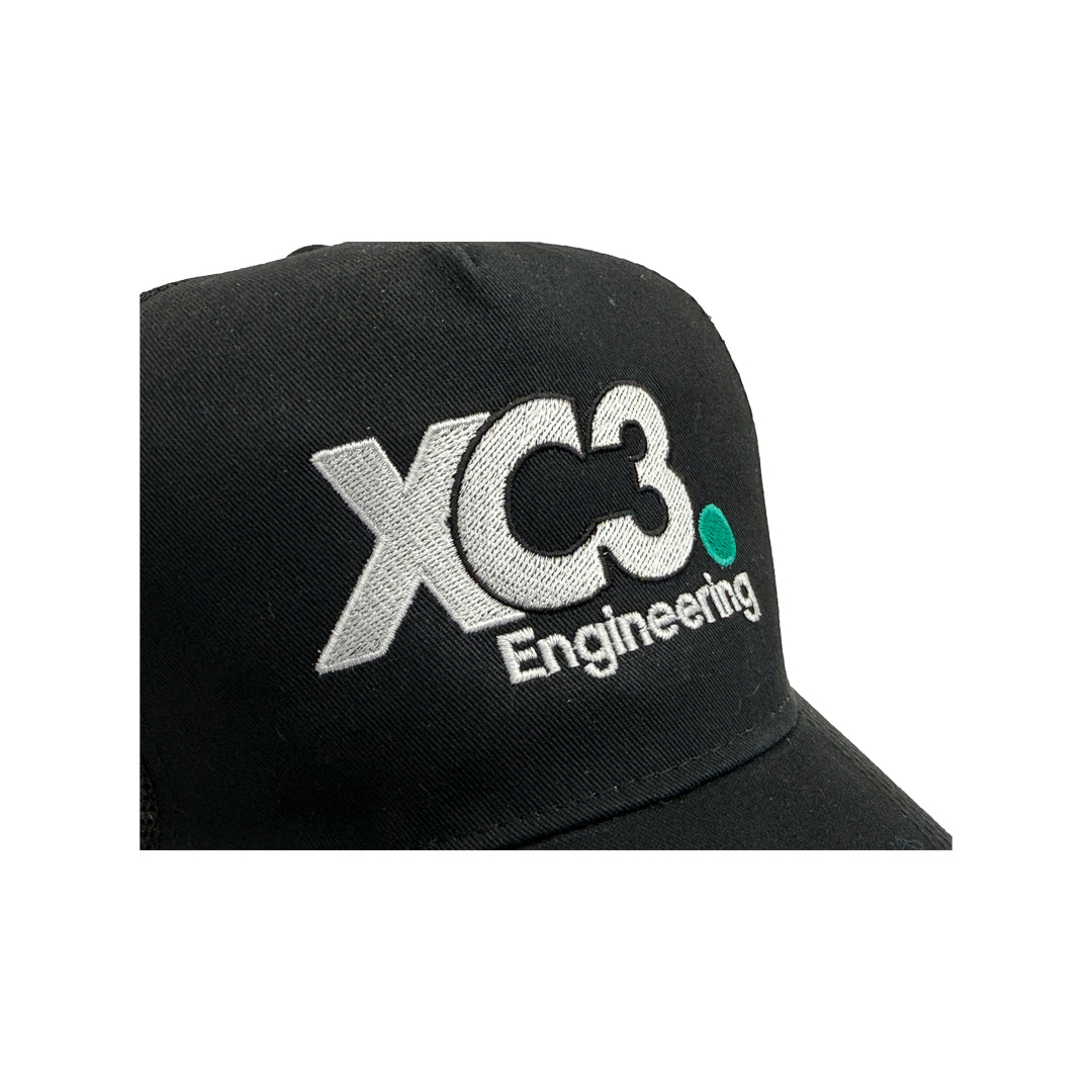 XC3 Engineering premium trucker hat featuring a classic adjustable snapback and car enthusiast design on the front.