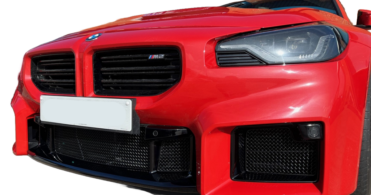 ZunSport BMW G87 M2 front grille set with black mesh and chrome accents, showcasing the sporty design of the car's front end.