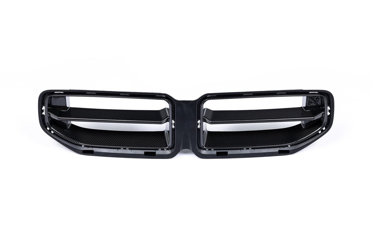 AlphaN carbon front grille for BMW G87 M2, showcasing a sleek, lightweight design with textured carbon fiber finish.