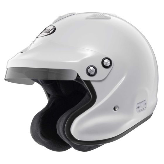 Arai GP-J3 white racing helmet with FIA-8859-2015 certification, featuring sleek aerodynamic design and safety features.