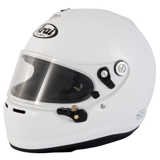 Arai GP-6S racing helmet with sleek design, ventilation vents, and FIA 8859-2015 certification markings on a white background.