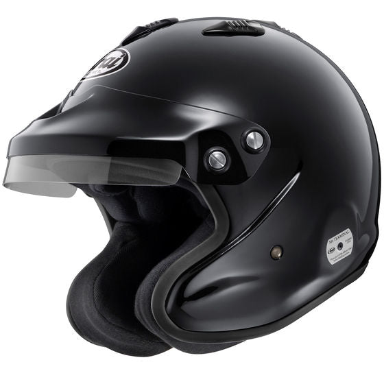 Arai GP-J3 black racing helmet with FIA-8859-2015 certification, featuring a sleek aerodynamic design and ventilation vents.