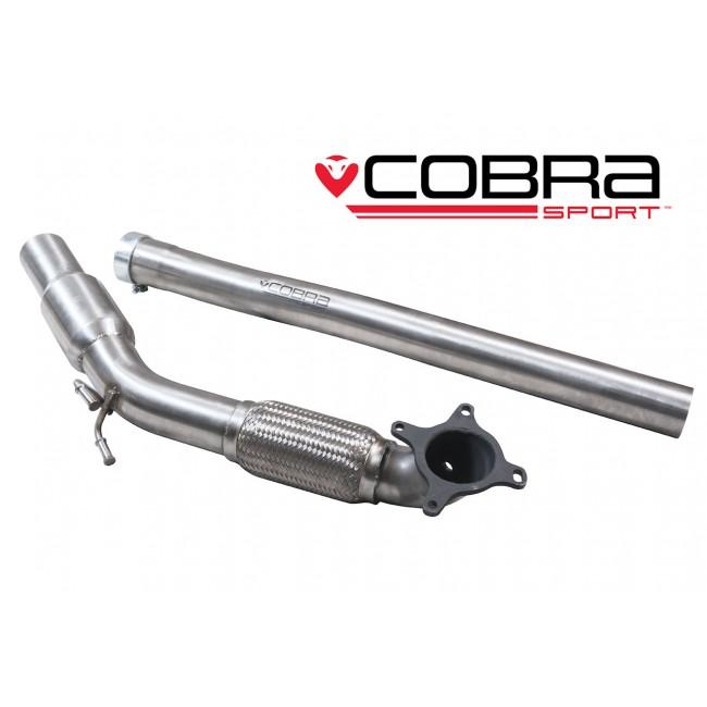 Cobra Sport Audi S3 8P Quattro front downpipe exhaust part, showing the metallic pipe and connection details.