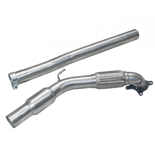 Cobra Sport Audi S3 8P Quattro front downpipe performance exhaust installed on a sporty hatchback, showing the metal pipe and fittings.