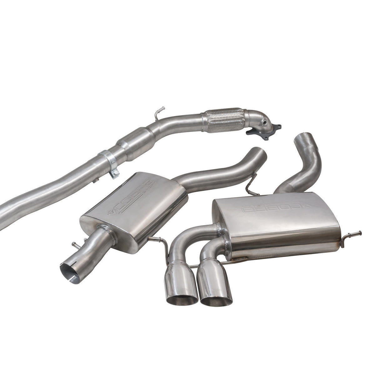 Cobra Sport turbo back performance exhaust installed on a 3-door Audi A3 8P 2.0 TFSI Quattro, showing the shiny exhaust tips.