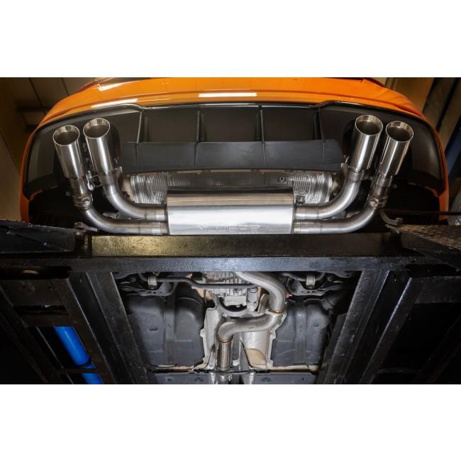 Cobra Sport cat back performance exhaust for Audi S3 8V 3-door valved model, showing the exhaust system's polished tips and piping.