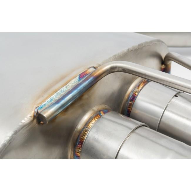 Cobra Sport cat back performance exhaust for Audi S3 8V saloon, valved system with dual tips, installed on the vehicle.