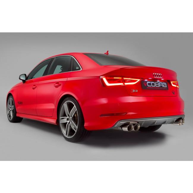 Cobra Sport Audi S3 8V saloon cat back performance exhaust with valved system, installed on a silver sedan.