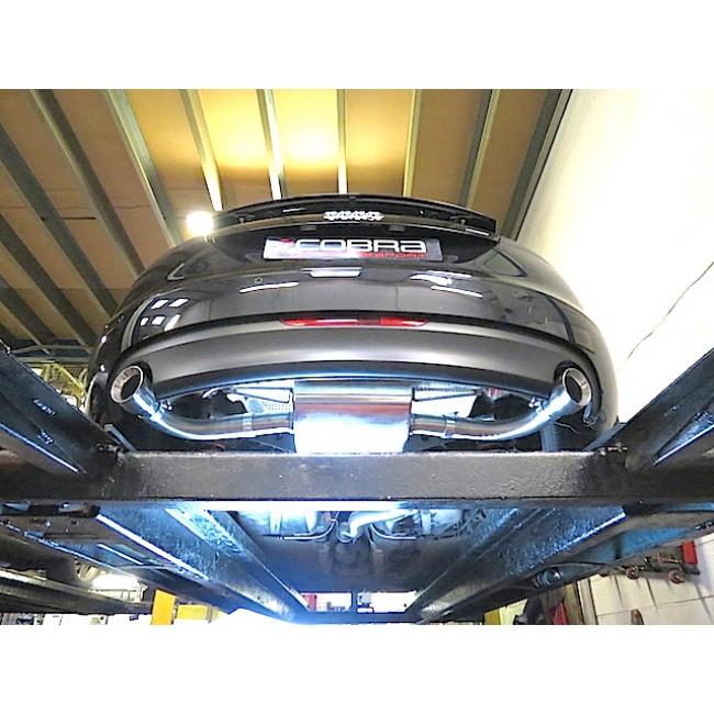 Cobra Sport cat back performance exhaust installed on Audi TT Mk2 3.2 V6 coupe, showing the polished stainless steel exhaust system.